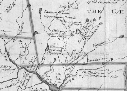 Jonathan Carver's 1767 map shows the Chippewa and Red Cedar Rivers as the "Road of War" between the two nations.